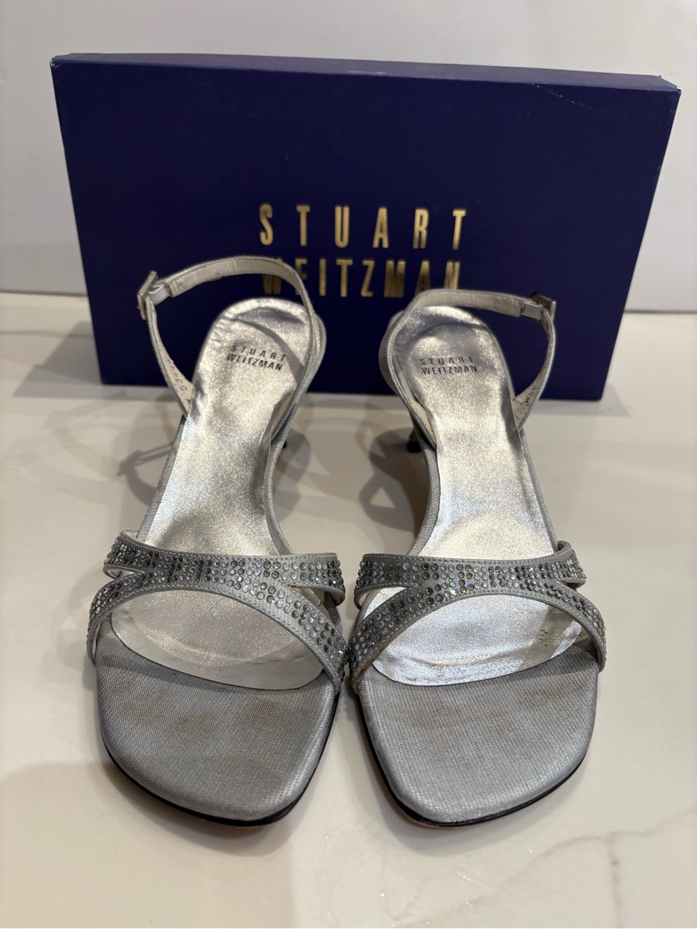 Stuart Weitzman Silver Rhinestone Crisscross Slingback Heels
